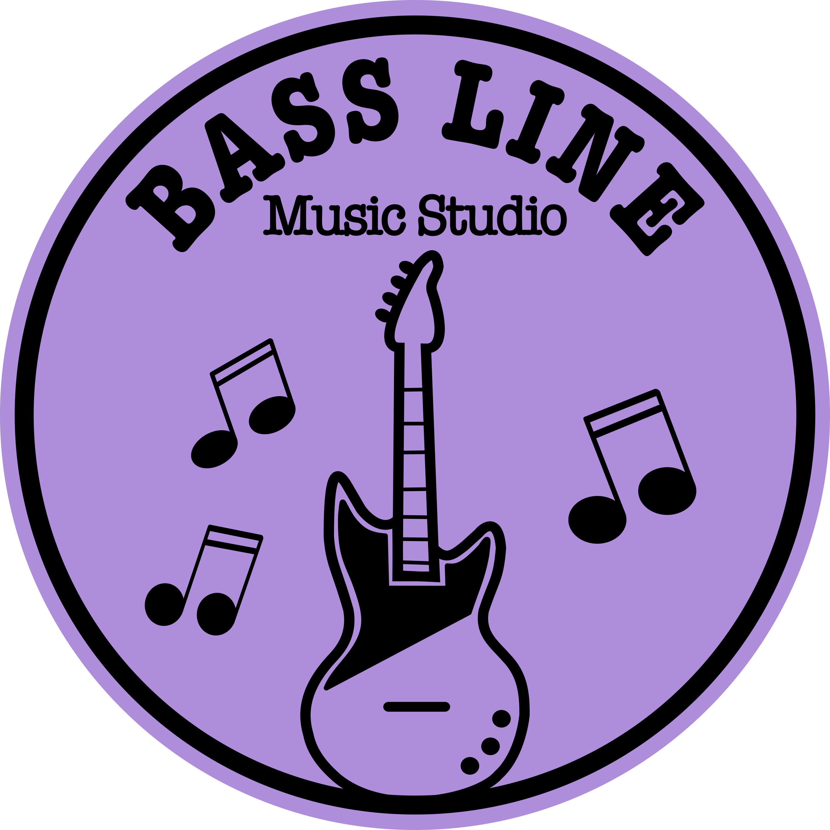 Bass Line Studio logo: black bass surrounded by music notes in a circle on a purple background.