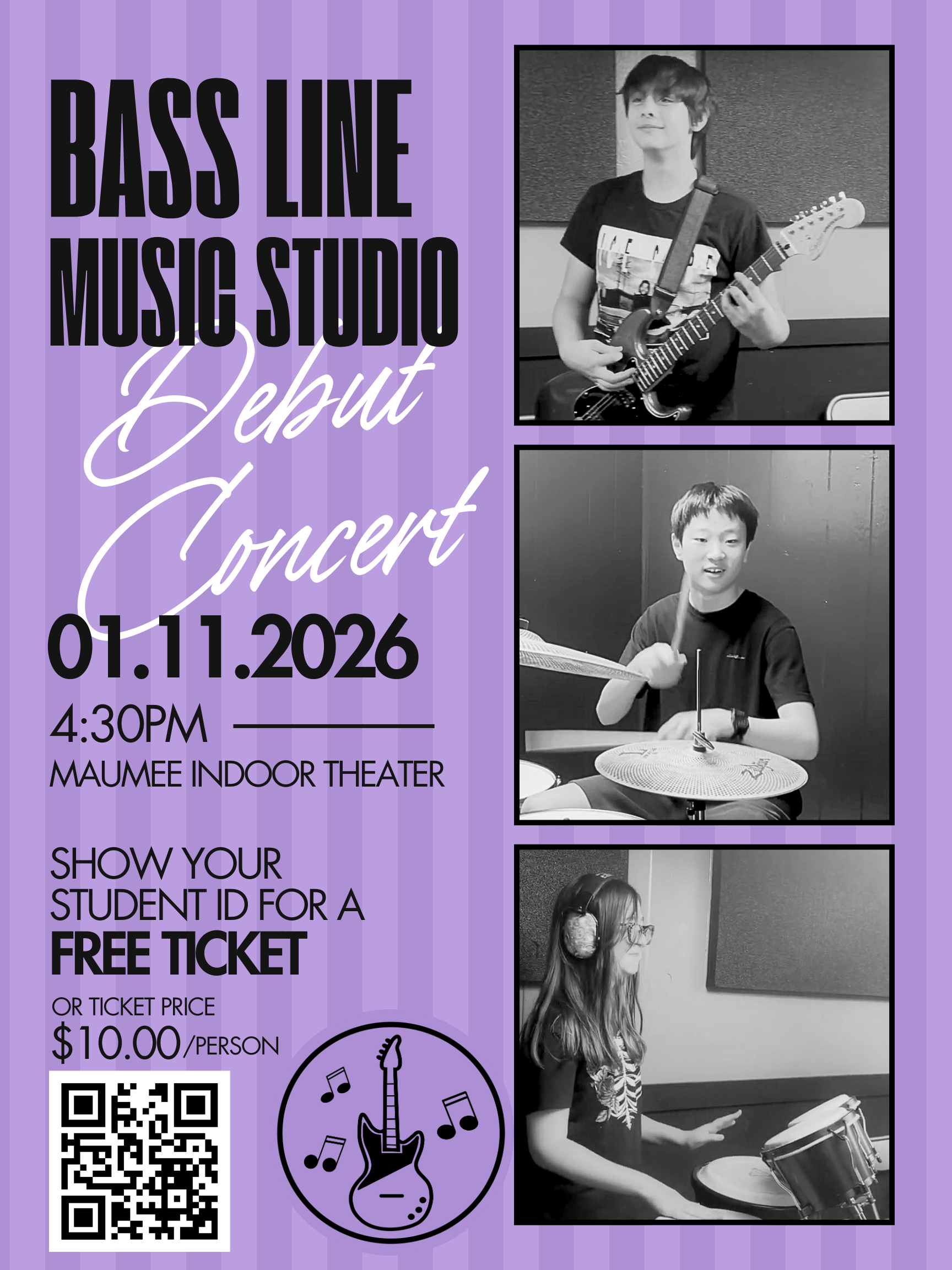 Bass Line Music Studio Debut Concert 01/11/2026 show poster: 3 student performance images on a purple background with event details