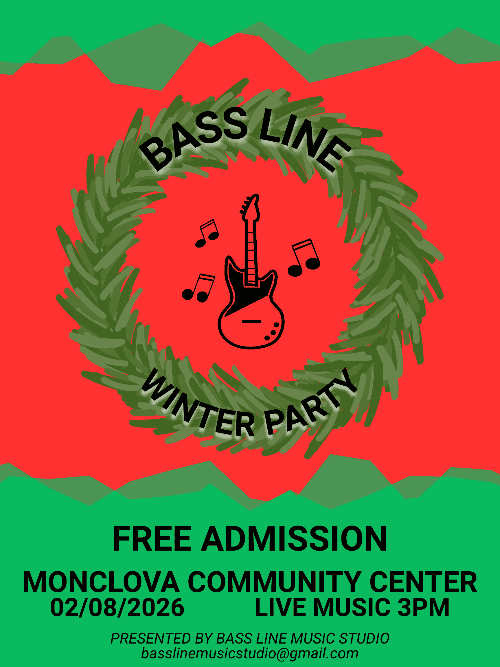 Bass Line Music Studio Winter Party 02/08/2026 show poster: green wreath on a red rocky background with event details