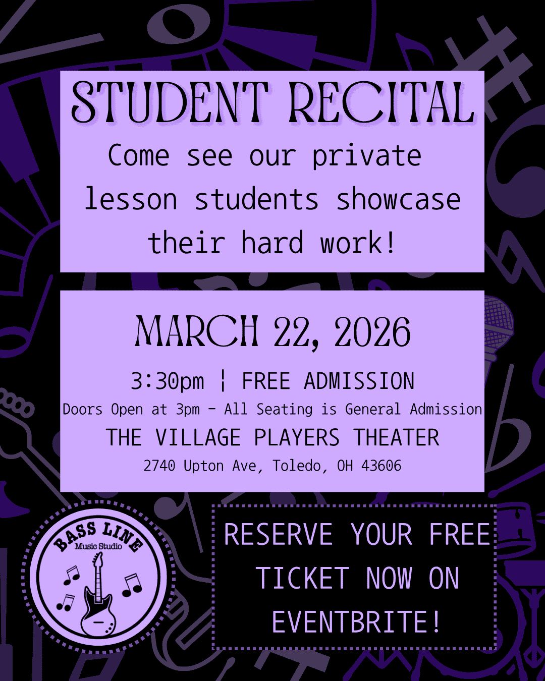 Bass Line Music Studio Student Recital 03/22/2026 show poster: event details on a detailed background with musical notation